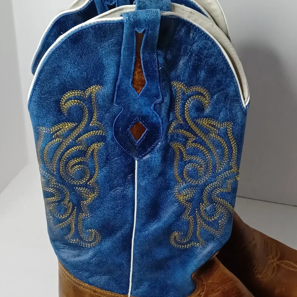 Vintage J.B. Dillon Reserve Cowboy Boots Mens 11.5EE Tan/Blue Rodeo Rancher 2004 - Picture 5 of 14